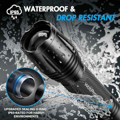 WdtPro LED Flashlight High Lumens SR2000 Pro, 2 Pack Brighter Tactical Flashlights with 5 Modes & Zoomable, Powerful Mini Flash Light for Emergency, Camping, Hiking (Black)