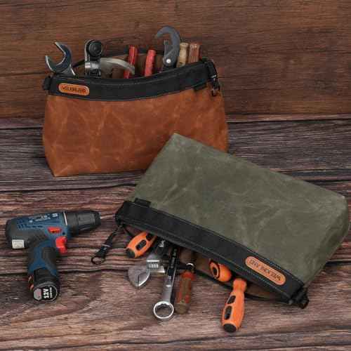 WELKINLAND 2Pcs-Set Tool Pouches, Heavy-Duty Waxed Canvas Tools Pouch, 14-Inch Tool Organizer Pouch, Waterproof Zipper Tools Pouch, Durable Canvas Tool Zipper Pouches