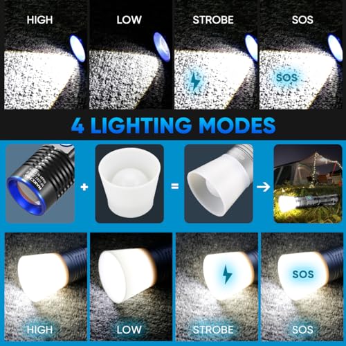 NAKCNM Rechargeable Flashlights High Lumens, 2 Pack 2500 Lumens 4 Modes, Small Magnetic Flashlight Pocket with Clip & Diffuser, Handheld Flashlight Lantern for Camping(Black&Silver)