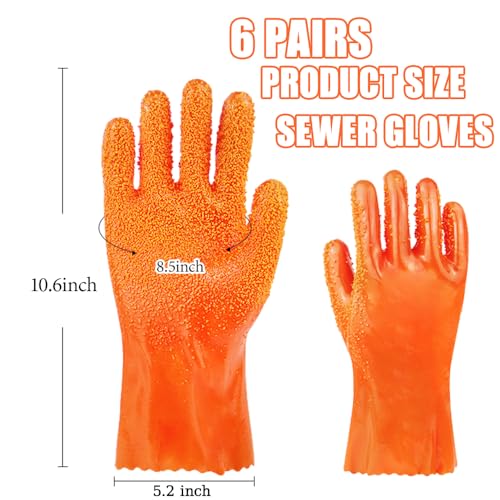 6 Pairs Heavy Duty Sewer Gloves | PVC Coated Abrasion Resistant Work Gloves for Drain Cleaning & Plumbing | Oil & Chemical Resistant, Non-Slip Grip
