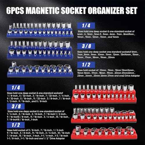 6PCS Magnetic Socket Organizer Set, SAE & Metric Magnetic Socket Holder, 1/4"", 3/8"", 1/2"" Magnetic Socket Trays, 141 Pieces Deep & Shallow Sockets Organizer., Blue&red, HIP-010
