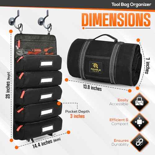 Roll up tool bag with Carabiners - 5 Large Oversized Pockets with Labels-Tool roll bag organizer - Canvas foldable tool Bag organizer | Tool organizer bag for Mechanic, Electrician & more