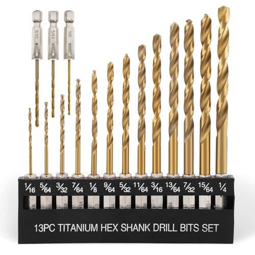 Gold COMOWARE Titanium Twist Drill Bit Set 16 Pcs 1/16-1/4 Hex Shank HSS
