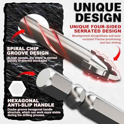 Upgraded Masonry Drill Bit Set,Serrated Concrete Drill bit Set - (3/16"-1/2") 10-Piece Professional Carbide Drill Bits for Concrete, Tile, Brick, Glass, Ceramic, Wood, and Plastic