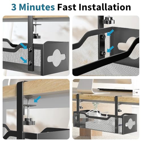 Litwaro Black Under Desk Cable Management Tray 13.4" No Drill Clamp Mount