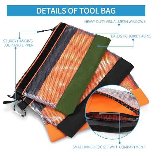 BESARME 3 Pcs 11.8" Clear Tool Pouches with Zipper Heavy-Duty Small Tool Bag Waterproof Zipper Tool Pouch with Mesh Window Electrician Tool Pouch for Men and Women