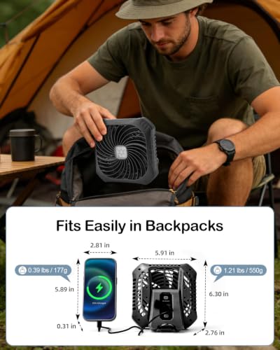 Odoland Black Camping Fan with LED Lantern, Rechargeable & Portable