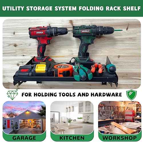ULIBERMAGNET Garage Folding Storage Rack Shelves,100LB Metal Wall Mounted Adjustable Rail Shelf for Garage,Power Tools,Toolbox,Storage Shelves with Lip for Workshop Kitchen Office (2 Pack)