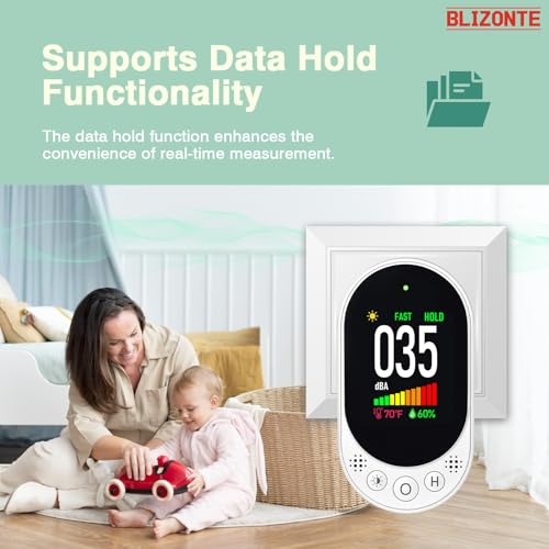 Blizonte White 3-in-1 Plug-In Decibel Meter with Temp & Humidity – Fast/Slow Refresh, MAX/MIN, Data Hold