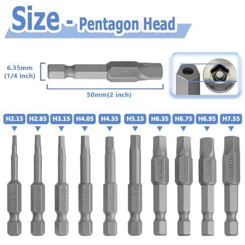 Mesee 10 Pieces Torx Star 5 Point Security Tamper Proof Screwdriver Bits with 1/4" Hex Shank H2.15-H7.55 Magnetic Pentagon Head Screw Driver Bits, 2-Inch Length
