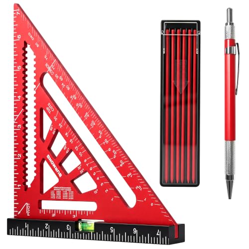 BURMONG 7-Inch Aluminum Rafter Square with Level Vial – 5-in-1 Carpenter Ruler