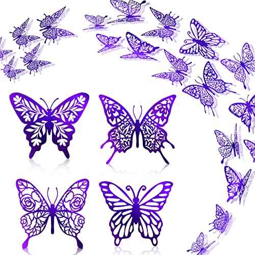 Purple Butterfly Stickers Decor 48pcs 4 Styles 3 Sizes Butterfly Decorations Butterfly Party Cake Decorations 3D Butterfly Stickers Decals for Girls Kids Bedroom Living Room Birthday Wedding Decor