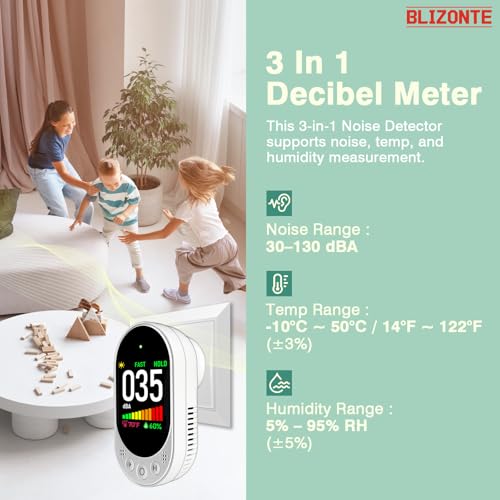 Blizonte White 3-in-1 Plug-In Decibel Meter with Temp & Humidity – Fast/Slow Refresh, MAX/MIN, Data Hold