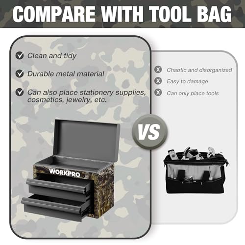 WORKPRO Camouflage Mini Tool Box with 2 Drawers & Top Storage - Green Camo