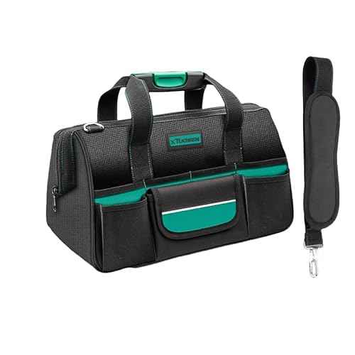 Tool Bag Heavy Duty 16.5-Inch with 16 Pockets Portable Handle Adjustable Shoulder Strap Waterproof Wide Mouth Tools Storage Organizer Carry Tote Box for Craftsman Electrician Mechanic (16.5-Inch)