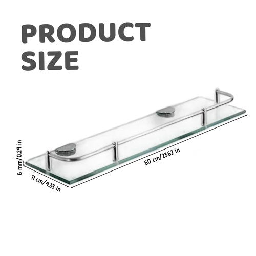 Kalastussaari Glass Floating Shelves for Wall, 4x24 Single Layer Transparent Glass Bathroom Wall Shelf with Metal Rail for Shampoo, Body Wash, Soap