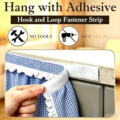 Blue Ruffle Gingham Under-Sink Curtain, 55x32in - Self-Gripping Cotton-Linen Farmhouse