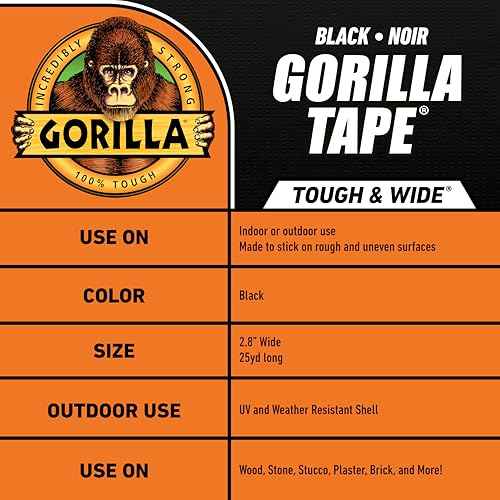 Gorilla Tape Tough & Wide, Black Tape, 2.88" x 25 yd (Pack of 1) - Heavy Duty and Weather Resistant for Indoor or Outdoor