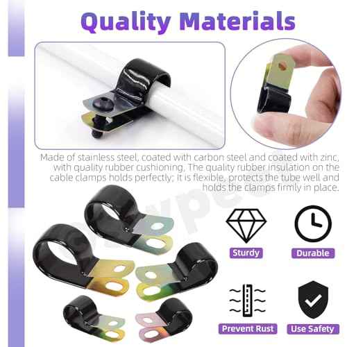 Swpeet 64Pcs 9 Size 5mm-25mm 1/4" Hole Vinyl Coated Cable Clamps Galvanized and 95Pcs Hex Screws Nuts Assortment Kit, Rubber Cushioned Insulated Clips, Metal Wire Clamps for Pipe Cables Wires
