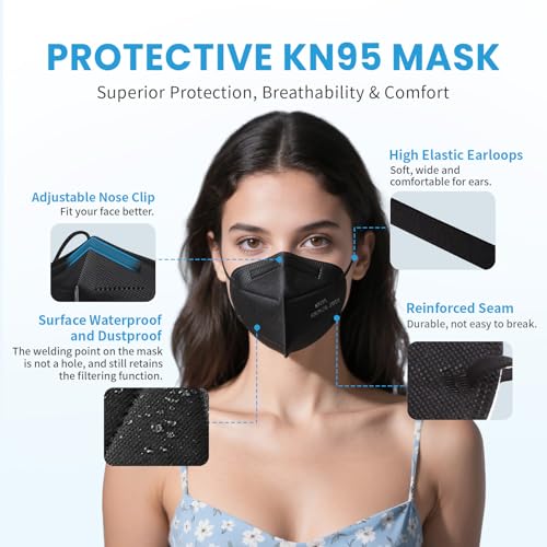 akgk Black KN95 Face Masks 50 Pack, Breathable 5-Ply Dust Safety Masks
