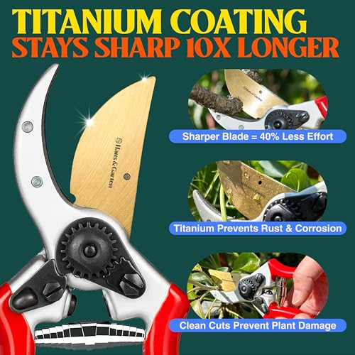 Red Haus & Garten ClassicPRO 8.5" Titanium Bypass Pruning Shears - Professional Garden Clippers