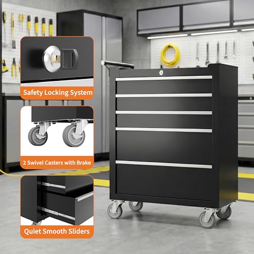 Garvee Black 5-Drawer Rolling Tool Chest Cabinet with Locking System, 24in Toolbox on Wheels