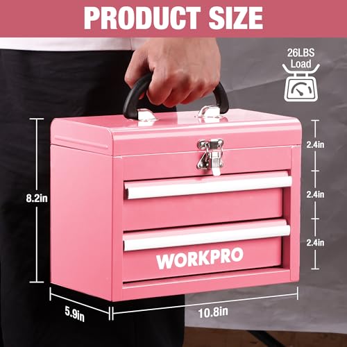 WORKPRO Portable Mini Tool Box 2-Drawer Chest with Top Storage, Pink