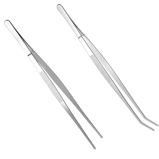 2 PCS 12 Inch Long Handle Tweezers, Straight and Curved Tip Tweezers, Stainless Steel Precision Tweezer Set, Plant Tweezer for Kitchen, Garden, Indoors and Outdoors
