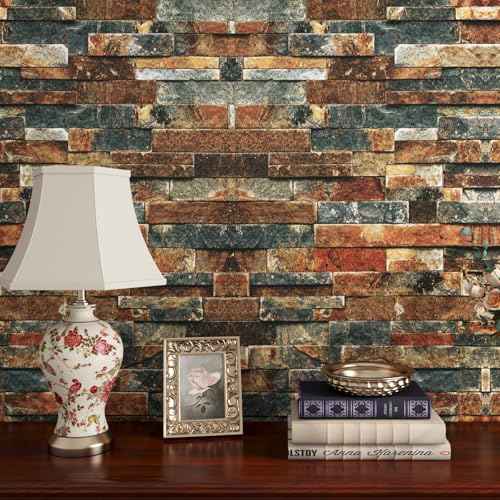 FunStick Vintage Faux Brick Wallpaper Peel and Stick 3D Textured Squares Brown Red Blue Brick Wall Paper Roll for Kitchen Bedroom Waterproof Brick Contact Paper for Walls Fireplace Removable 15.8"x80"