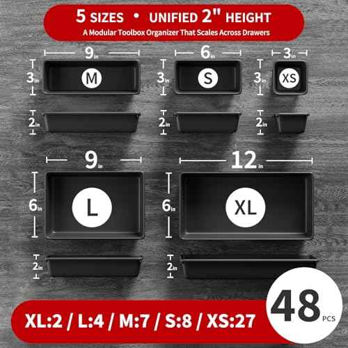 ¡¼48PCS & 5 Sizes¡½ Tool Box Organizer Tray, Toolbox Drawer Organizer with Non-Slip Pads, Desk Drawer Divider Set, Fits Rolling Tool Chest Cabinet for Garage & Workbench