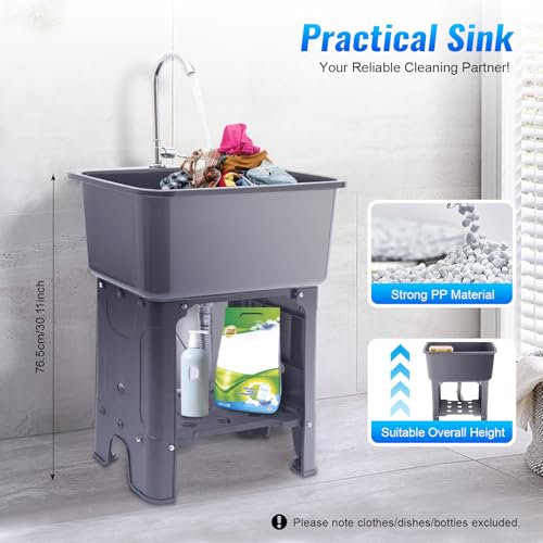 YUNLAIGOTOP Gray Freestanding Utility Sink Laundry Tub with Faucet & Washboard, 23.6 x 15.7 x 30.1 inches