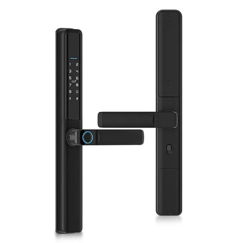 Slim Smart Lock for Sliding Doors – 6-in-1 Keyless Entry with Fingerprint, Passcode, IC Card, App Control, Key + Built-in Doorbell | Tuya WiFi, Auto-Lock, Alexa Compatible | Sleek Black Aluminum