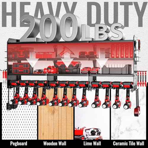 Large Power Tool Organizer Wall Mount-12 Drill Holder, Metal Heavy Duty Garage Tool Storage Shelves with Screwdriver Plier Holder, Gifts Idea for Men Dad Husband