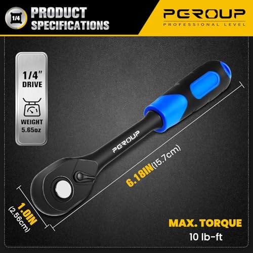 1/4" Drive 90 Tooth Ratchet Wrench, Quick Release Ratchet Wrench with Ergonomic Rubber Handle, 4-Degree Swing Reversible Ratchet, Chrome Alloy Made