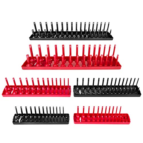 6PCS Socket Organizer Tray Set, Red SAE & Black Metric Socket Storage Trays, 1/4-Inch, 3/8-Inch & 1/2-Inch Drive Deep and Shallow Socket Holders for Toolboxes