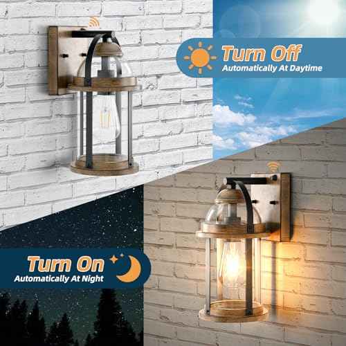 OKELI Dusk to Dawn Outdoor Wall Sconce Waterproof Lighting Fixture, Rustic Farmhouse Wall Sconces with Clear Glass Shades, Rust Resistant Exterior Lights for Patio Front Porch(Wood Grain, 1 Pack)
