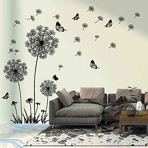 Black Dandelion Wall Stickers Flower Butterflies Flying Wall Decal, Removable Walls Art Stickers for Bedroom Living Room Sofa Backdrop TV Decoration