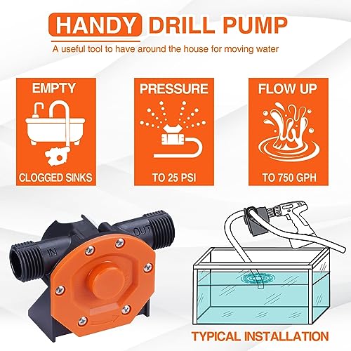 Orange Self Priming Water & Oil Transfer Drill Pump Kit - Hand Power Tool Attachment