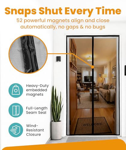 Flux Phenom Black Magnetic Screen Door 38x82 Inch - Pet & Kid Friendly, Easy Install