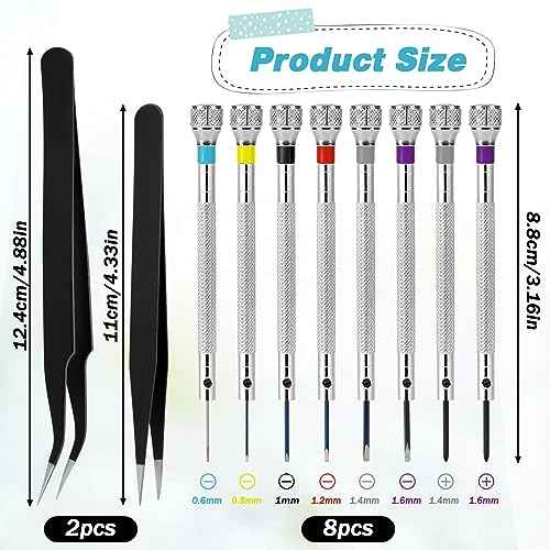 8 Pieces Professional Watch Screwdriver Set Micro Precision Screwdriver Set 0.6-1.6 mm Watch Repair Screwdriver Set with 2 Tweezers for Watch Eyeglasses Repair Jewelry Work Electronics Repair