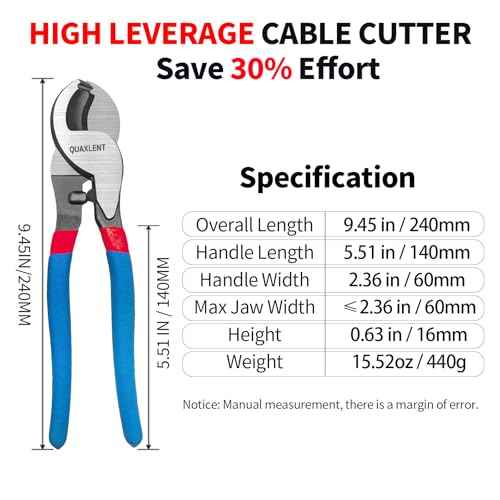 10 Inch Large Cable Cutter Heavy Duty High Leverage Big Wire Cutting Plier Tool for 4/0 Aluminum 2/0 Soft Copper and 100PR 24AWG Comm Cable, Blue
