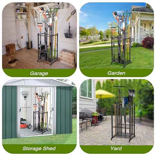 Garden Tool Organizer, Yard Tool Tower Rack for Garage Organization and Storage, Up to 35 Long-Handled Tools/Rakes/Brooms, Heavy Duty Steel Garden Tool Stand for Shed, Outdoor, Black