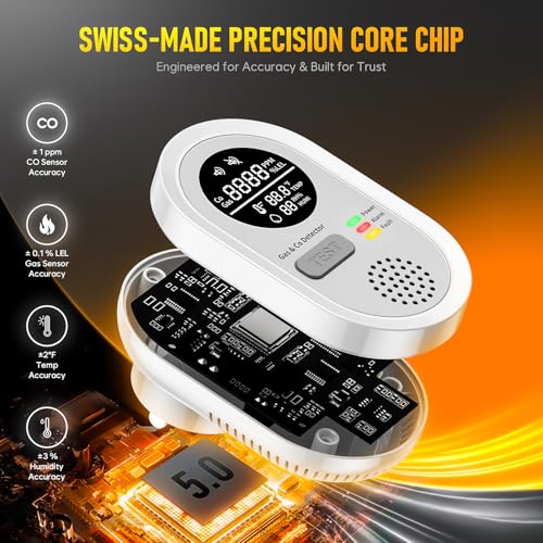 Portable Carbon Monoxide detectors for Travel - 5-in-1 Combination Natural Gas and Carbon Monoxide Detector,Detect Co,Gas,Temperature,Humidity