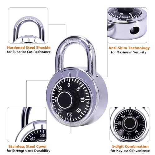 1 Pack 50 mm (2") Black Dial Combination Padlock, Hardened Steel Shackle, Locker Keyless Combination Lock for Gym Lockers, School Lockers, Office Lockers, and Toolboxes