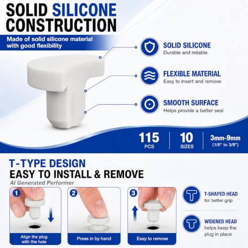 115 Pack White Silicone Rubber Hole Plugs - 10 Sizes 3-9mm T-Type Sealers