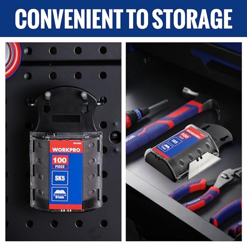 WORKPRO 100 Pack Utility Knife Blades SK5 Steel with Dispenser - Sharp & Durable Replacement Blades