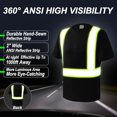 wefeyuv 3PCS-High Visibility Shirts Quick Dry Safety T Shirts with Pocket and 3 Reflective Strips Short Sleeve Mesh Hi Vis Construction Work Class 2 Shirt for Men/Women, Black L