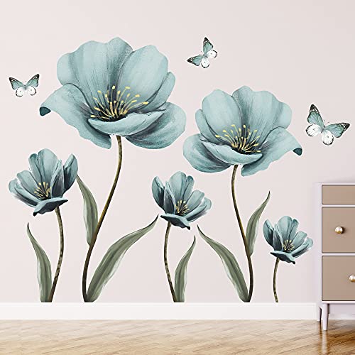 Dreamy Blue Flower Wall Stickers Creative Painted Butterflies Wall Decals Romantic Painting Art Decor Vinyl Removable Peel and Stick for Living Room Nursery Bedroom Office Bathroom Wall Decoration