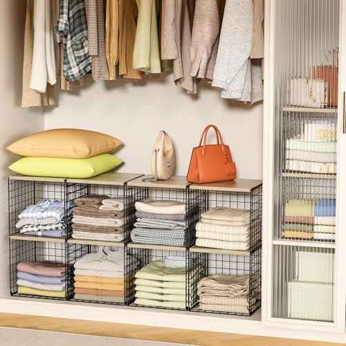 4-Tier Stackable Closet Organizers and Storage, Dual-Layer Reinforced Clothing Cube Shelves with Wood Tops, Sturdy Clothes Storage Bins & Shelf Basket for Wardrobe, Closet Organizer System