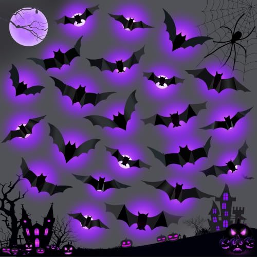Purple LED 3D Bat Set for Halloween Decorations - 36 pcs, 5 Sizes & 4 Shapes